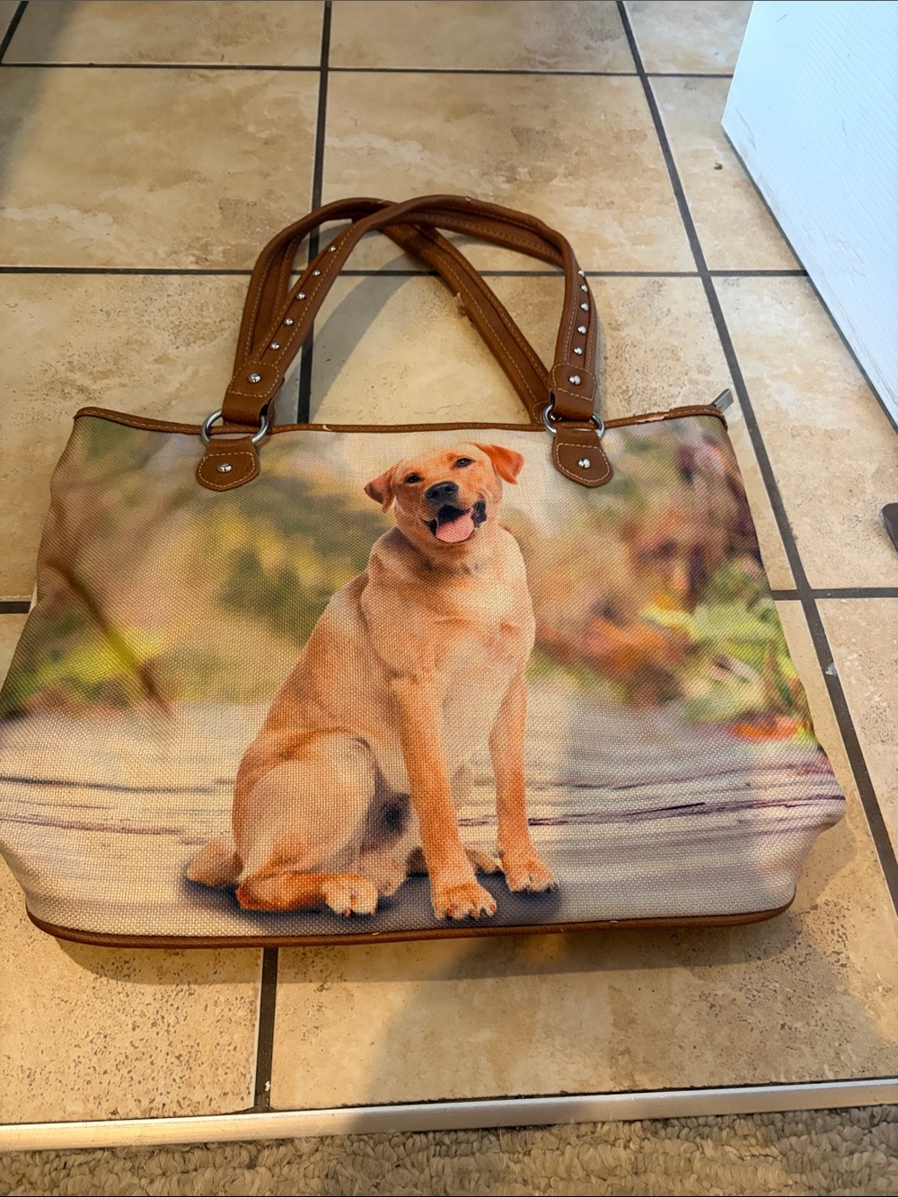 Montana Wesr Dog Tote Bag with Brown Handles - Pet Print Shoulder Bag